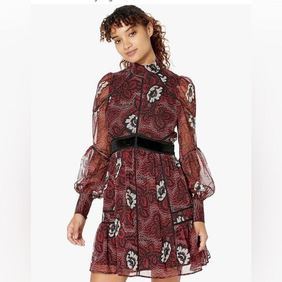 TED BAKER red dress Coriey Ladder Trim Insert High Neck mini size 5 (L 12-14) - Picture 1 of 16